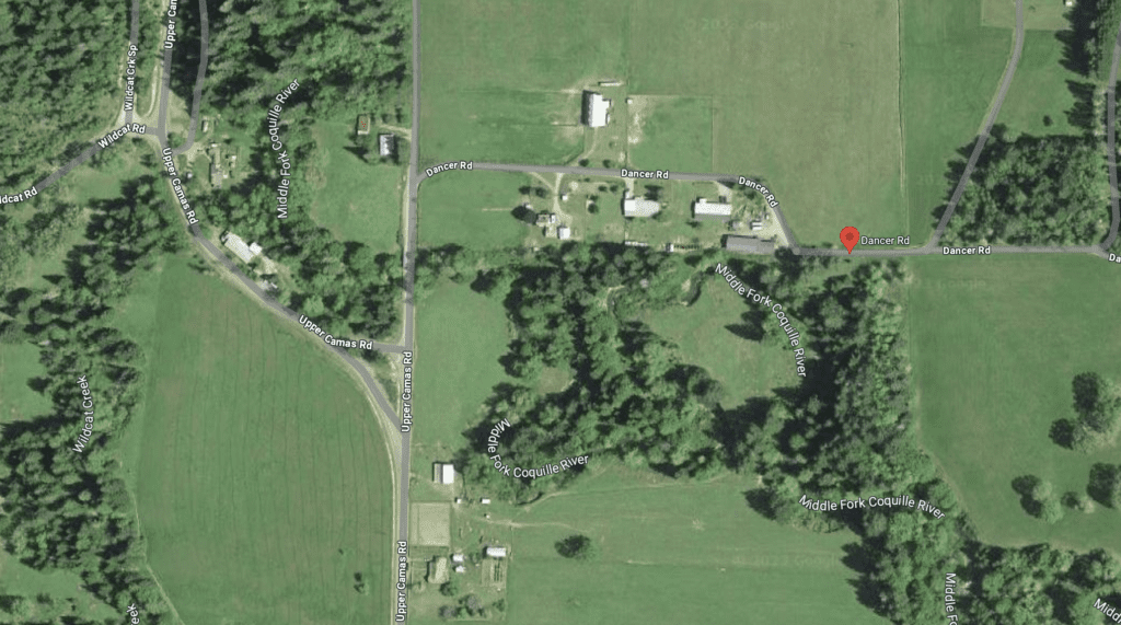 Satellite view over Upper Camas Rd and Dancer Rd near the middle fork Coquille River