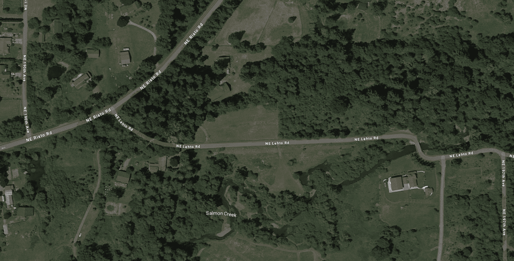 A satellite view of the intersection of NE Risto Rd and NE Lehto Rd