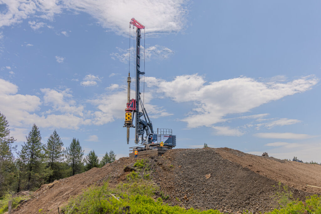 Pacific Foundation drill rig completing foundation work at Meacham Creek Bridge in eastern Oregon